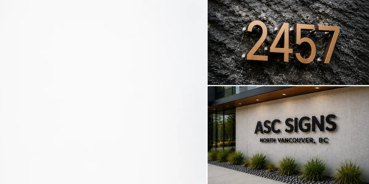 Custom 3D letters and numbers mounted on stone and concrete walls, featuring brushed metal address numbers and floating architectural lettering crafted by ASC Signs.