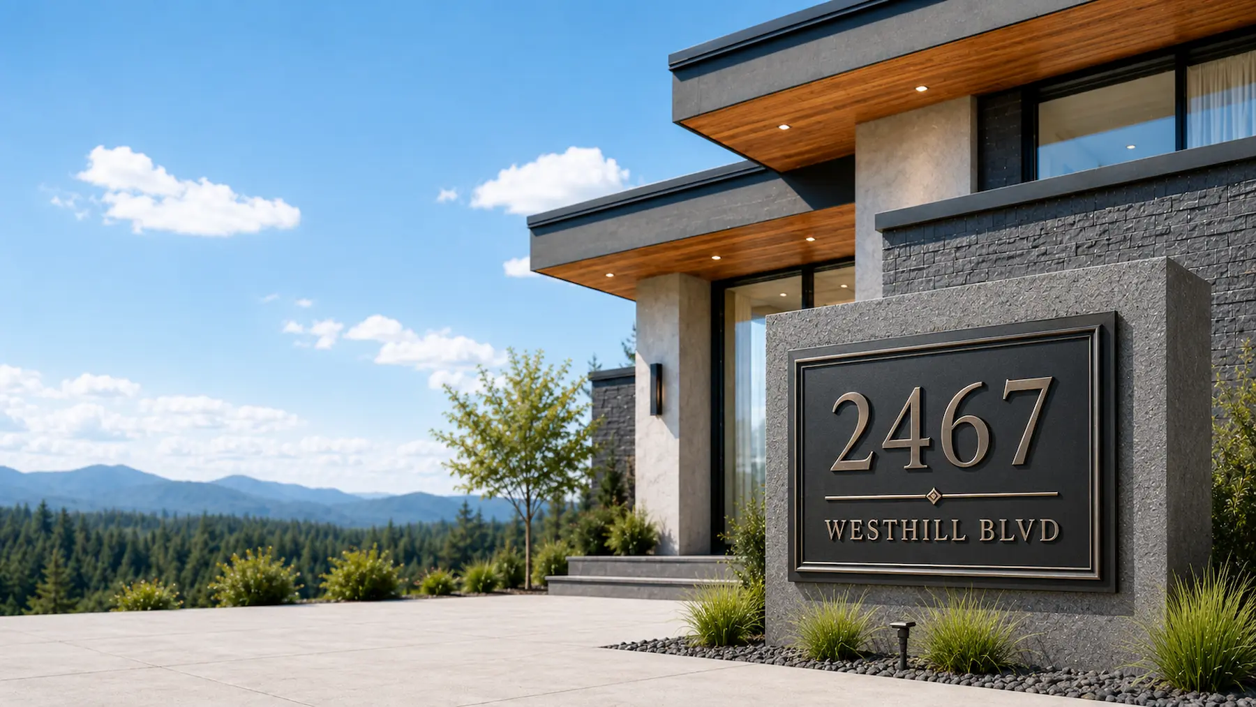 Classic house address sign displaying 2467 Westhill Blvd, showcasing custom classic address signs for residential homes.