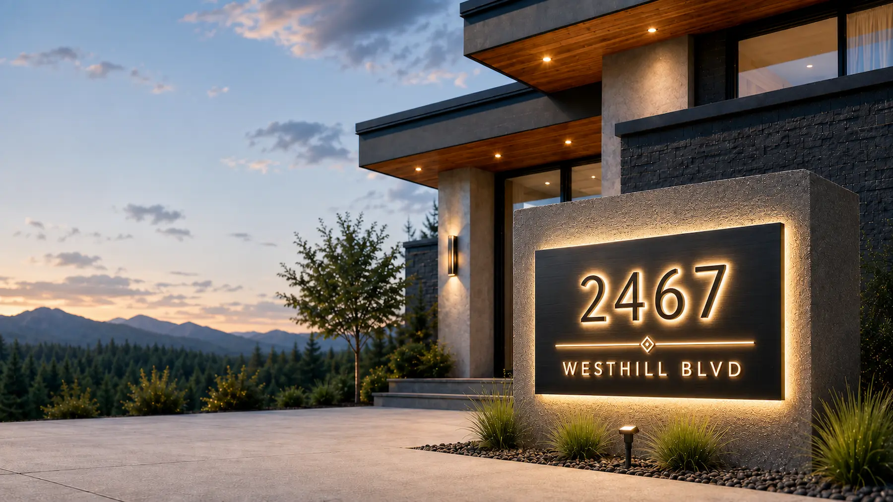 Illuminated address signs with integrated LED lighting, premium materials, and custom house address signs for modern residential entrances.