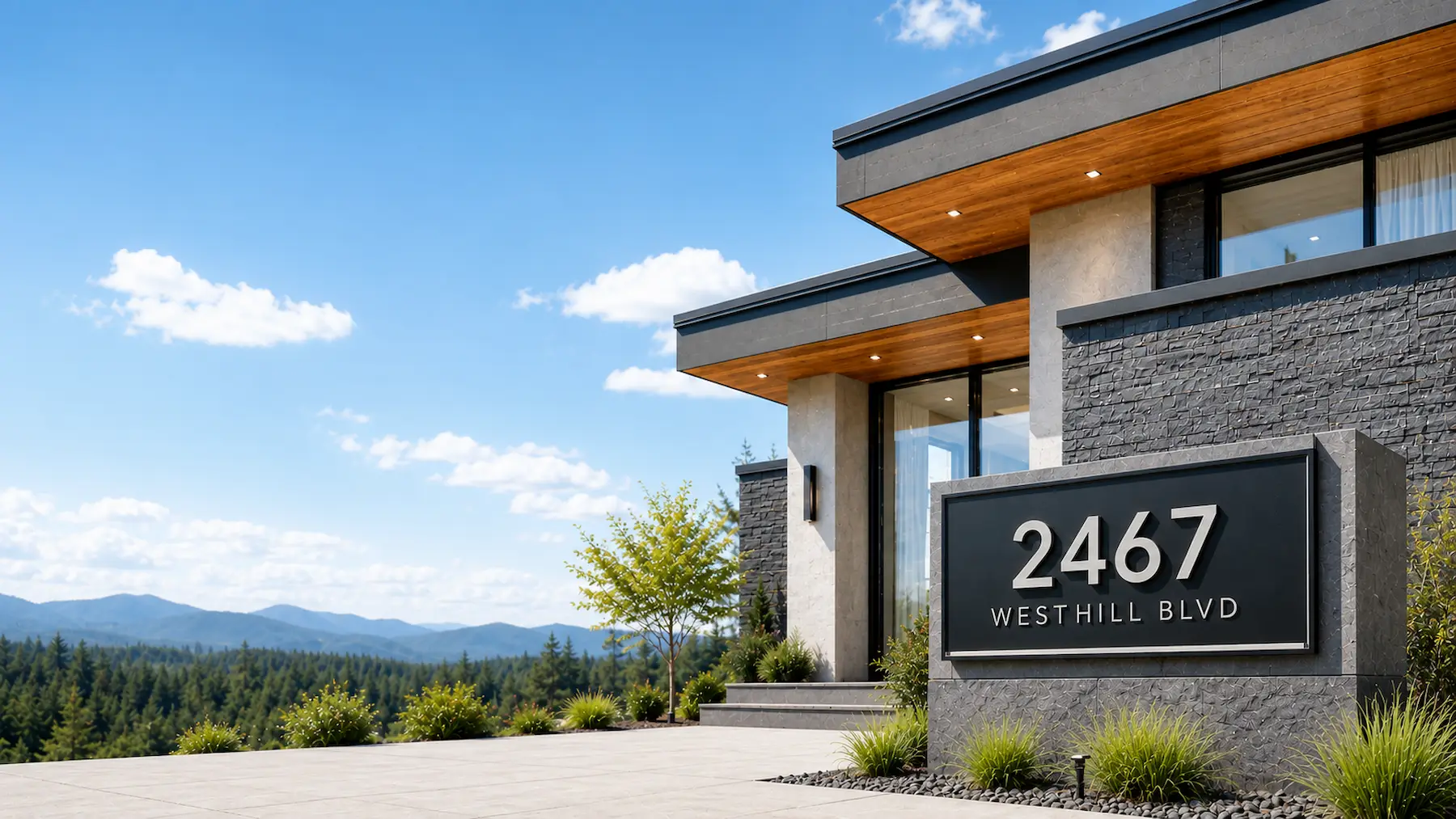 Contemporary address signs and modern house numbers installed on a modern luxury home