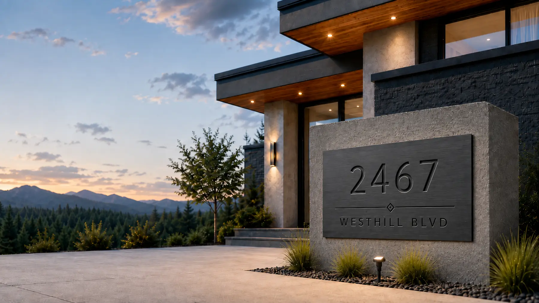 Custom engraved address signs installed on a contemporary luxury home featuring premium engraved house signs and modern house address signs.