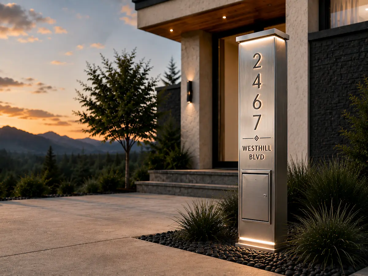 Mailbox and Address Sign Packages featuring a brushed stainless steel mailbox, illuminated House Address Signs, and a custom architectural entrance for a modern home.
