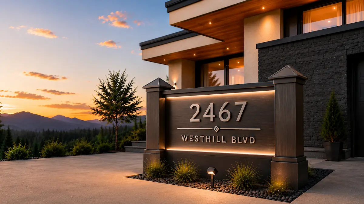 monument address signs installed at a contemporary luxury home featuring premium house address signs and elegant monument house signs.