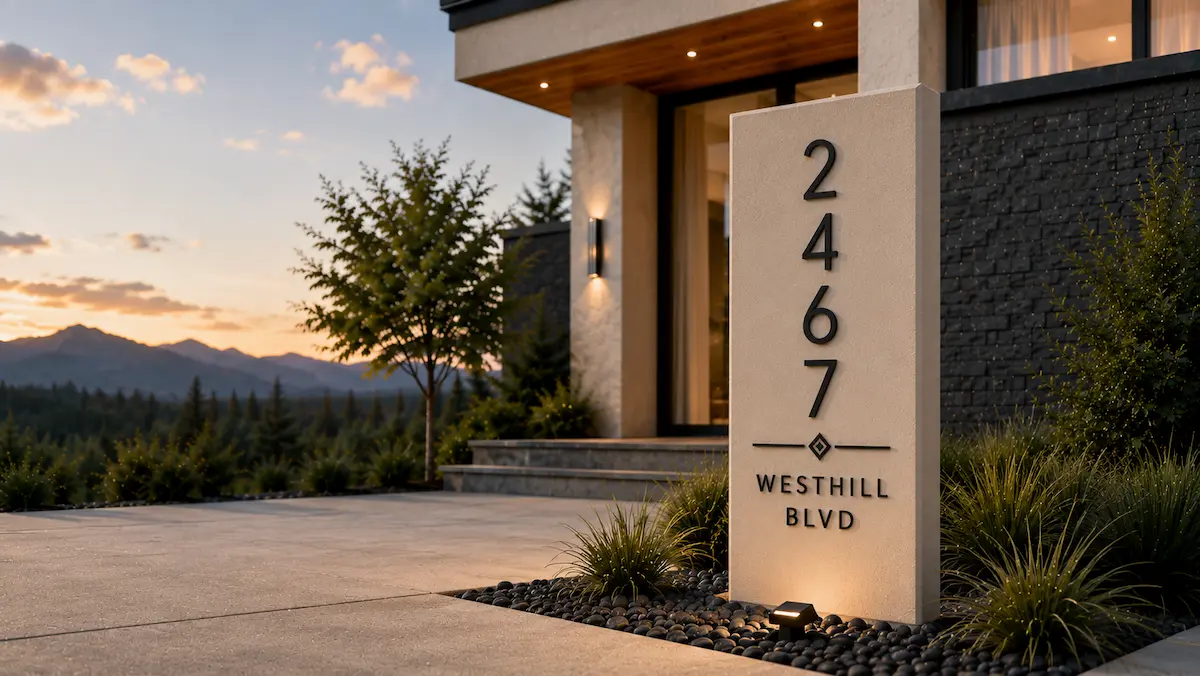 Custom yard address signs installed at a modern home's entrance featuring premium house address signs and elegant yard house signs.
