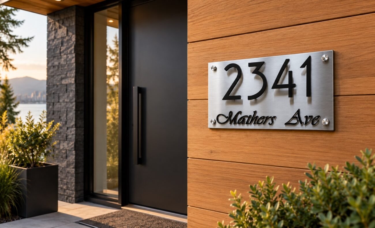 Brushed steel address plaque with black 2341 house numbers on a modern Vancouver home