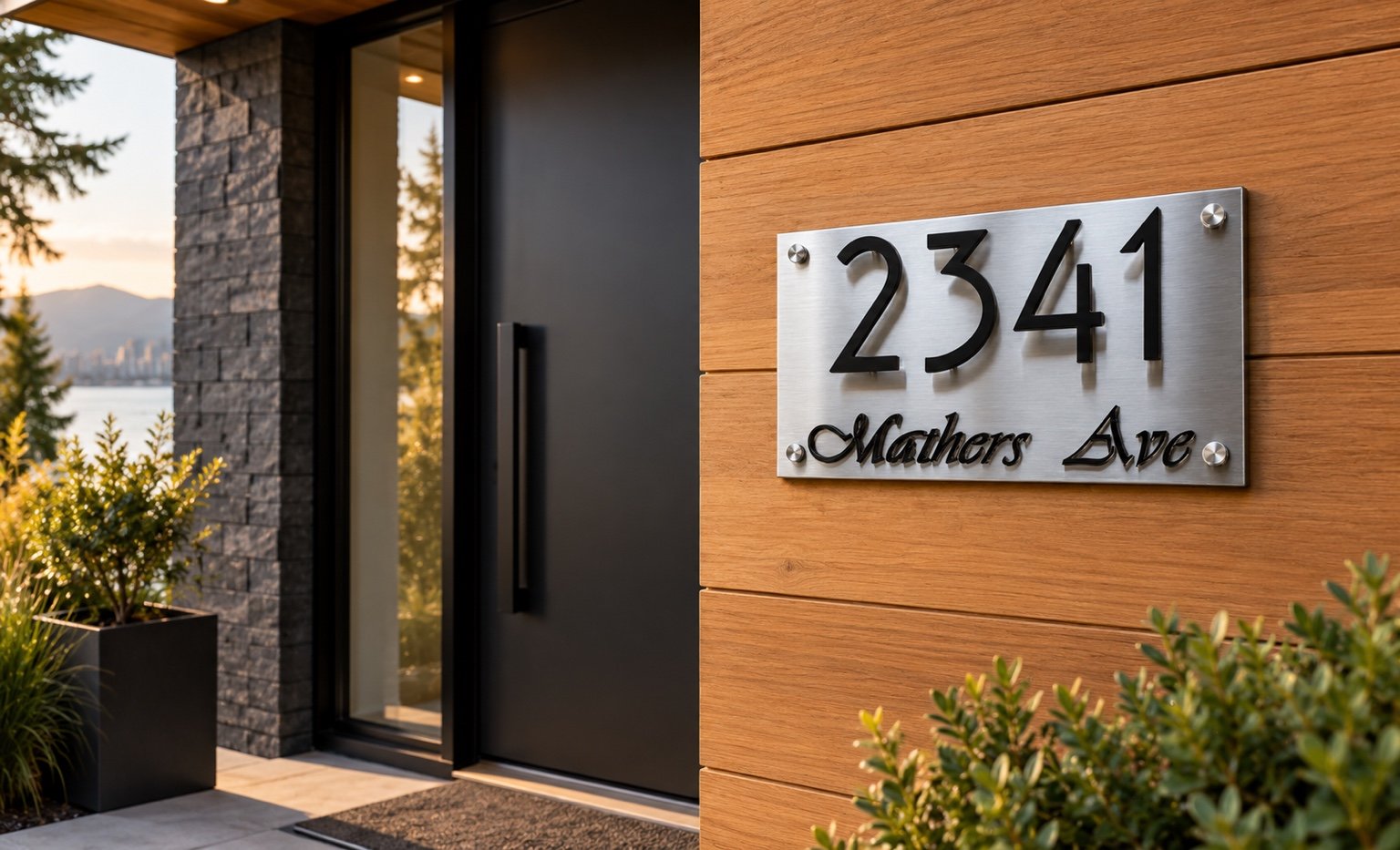 Brushed steel address plaque with black 2341 house numbers on a modern Vancouver home