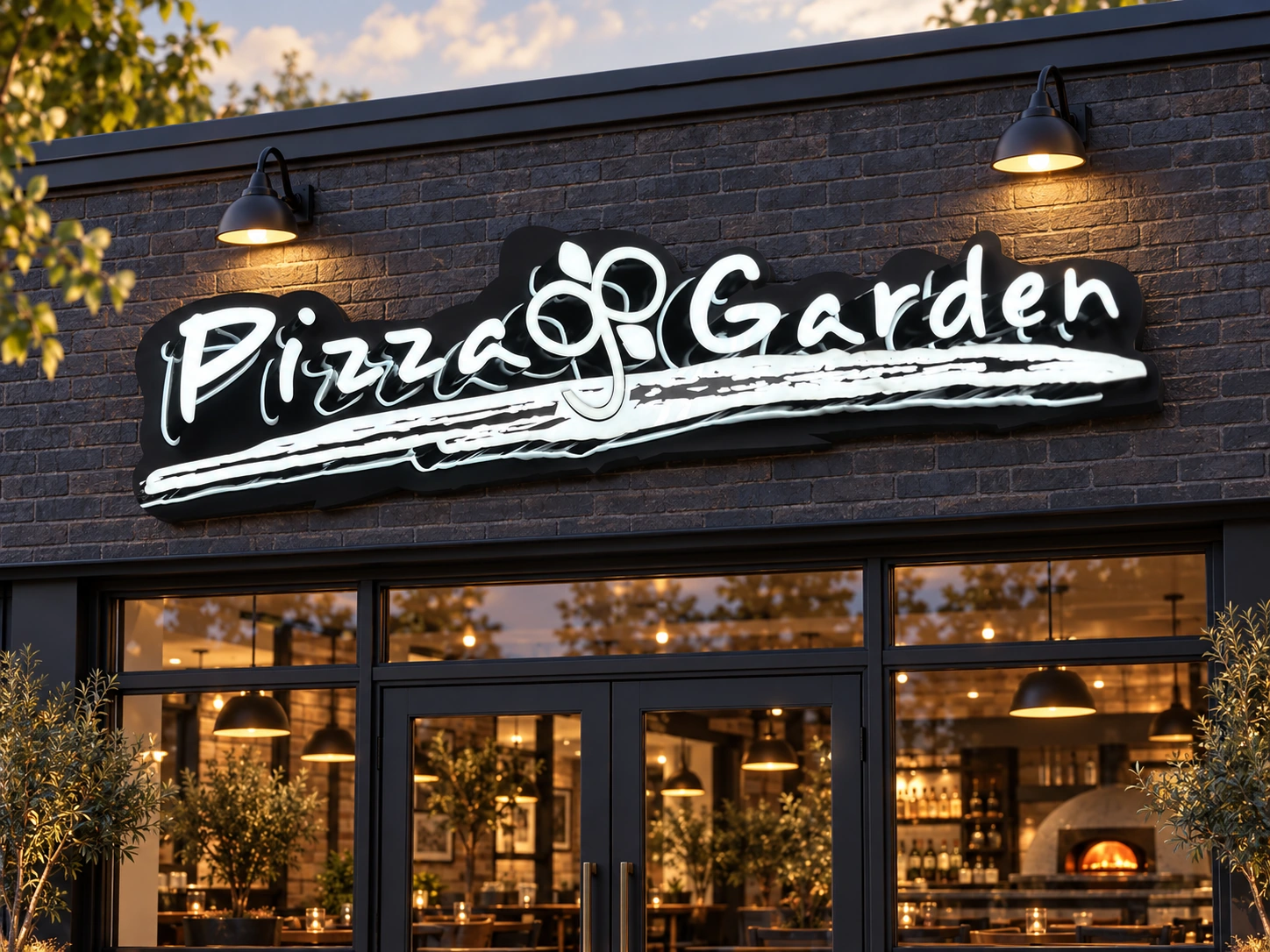01-Main custom illuminated restaurant signs - Pizza Garden sign with white illuminated script and a shaped black backing above a dark brick restaurant entrance.