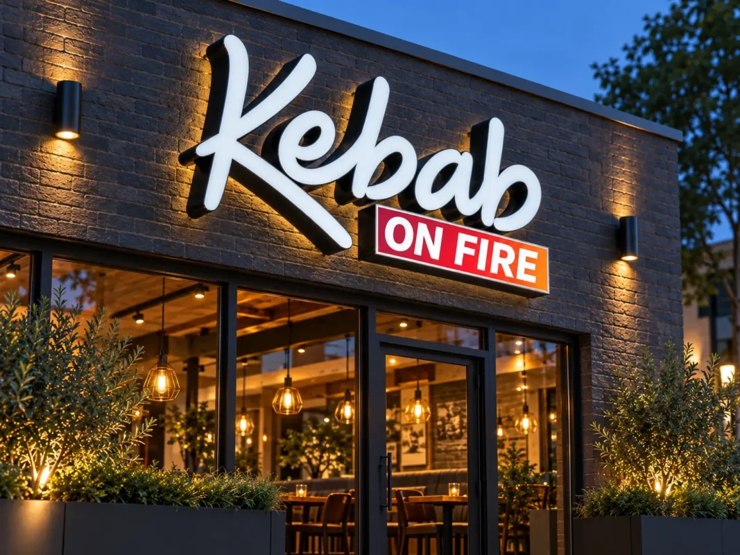 Illuminated white Kebab channel letters with black sides and an ON FIRE sign panel above a restaurant entrance at dusk