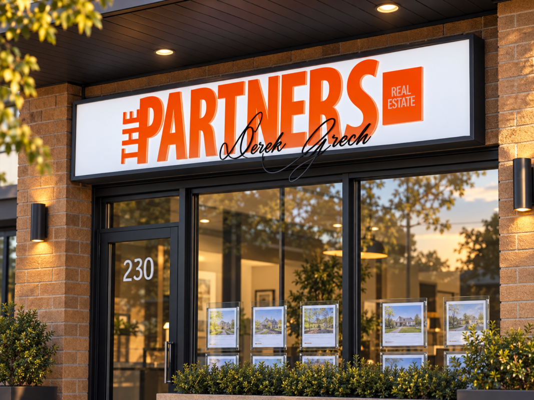 The Partners real estate light box sign with orange dimensional lettering and black signature text above a brick storefront entrance.