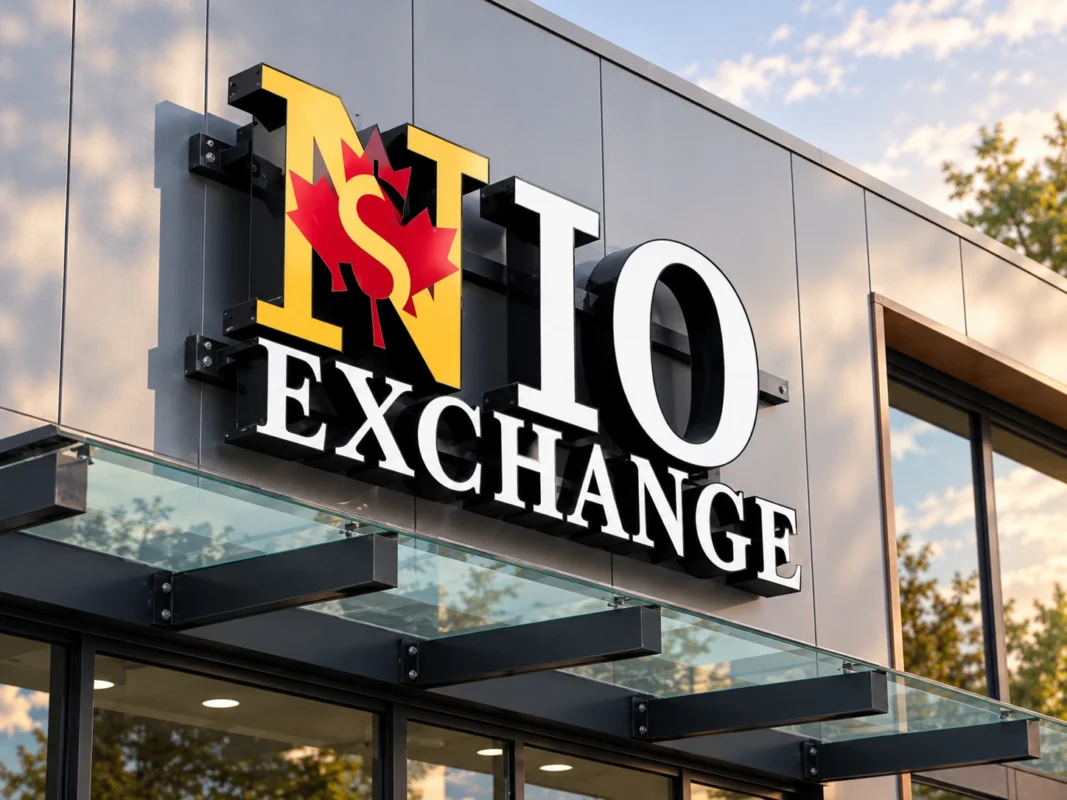 custom channel letter signs - NIO Exchange dimensional storefront sign with white and yellow lettering, black sides, and a red maple leaf logo.