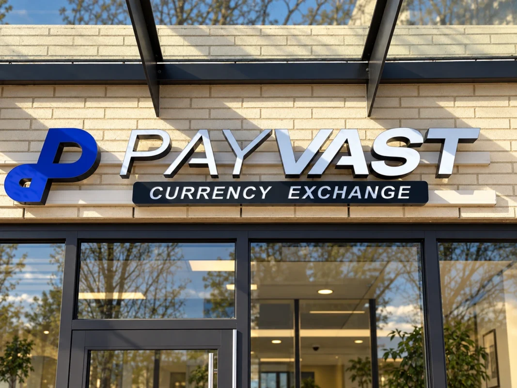 Payvast storefront sign with silver-coloured dimensional letters, a blue logo, and a dark Currency Exchange panel on cream brick.