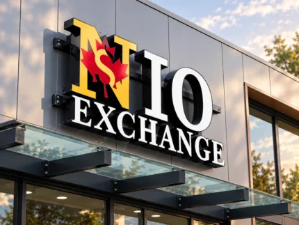 custom channel letter signs - NIO Exchange dimensional storefront sign with white and yellow lettering, black sides, and a red maple leaf logo.
