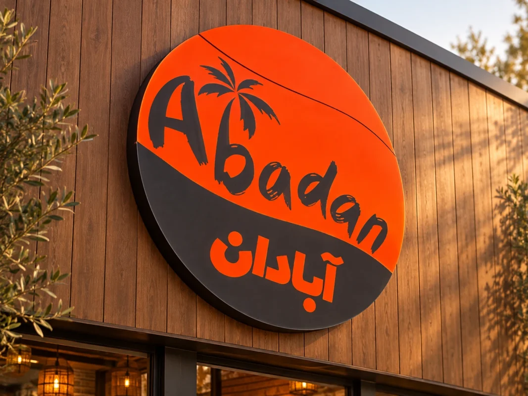 Abadan custom round lightbox sign with orange and charcoal graphics and English and Persian lettering mounted on wood storefront cladding.