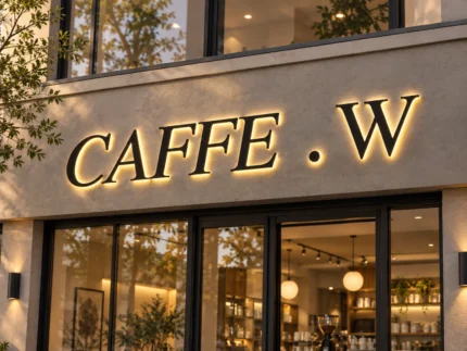 Caffe W backlit channel letter sign with black serif letters and warm halo illumination on a light-coloured storefront façade.