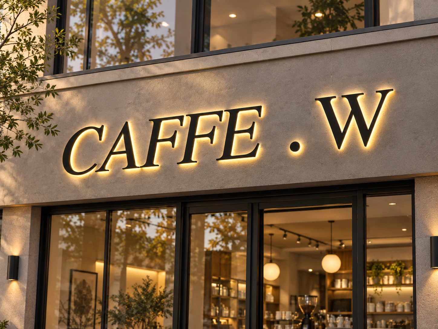 Backlit Channel Letter Sign – Caffe W Storefront Caffe W backlit channel letter sign with black serif letters and warm halo illumination on a light-coloured storefront façade.