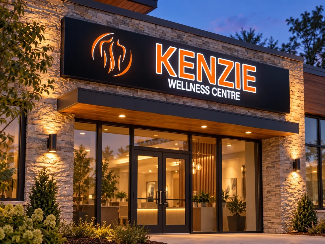 Wider view of the illuminated Kenzie Wellness Centre light box above a glass entrance framed by stone and timber.