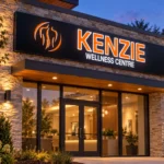 Wider view of the illuminated Kenzie Wellness Centre light box above a glass entrance framed by stone and timber.