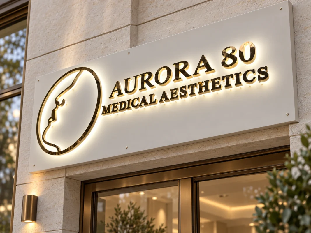Close-up of the Aurora 80 custom backlit lightbox sign highlighting gold-tone branding and soft light around the raised details.