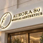 Close-up of the Aurora 80 custom backlit lightbox sign highlighting gold-tone branding and soft light around the raised details.