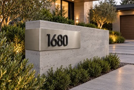 Bent brushed stainless steel corner address sign 1680 with raised black numbers on a low concrete entrance wall
