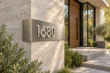 Bent stainless steel address sign 1680 with raised silver numbers on a pale stone entrance wall