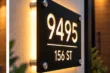 Angled view of matte black cut-through illuminated address sign 9495 with 156 ST, warm backlighting and stainless steel standoffs.