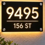 Front view of matte black cut-through illuminated address sign 9495 with 156 ST, warm backlighting and four stainless steel standoffs.