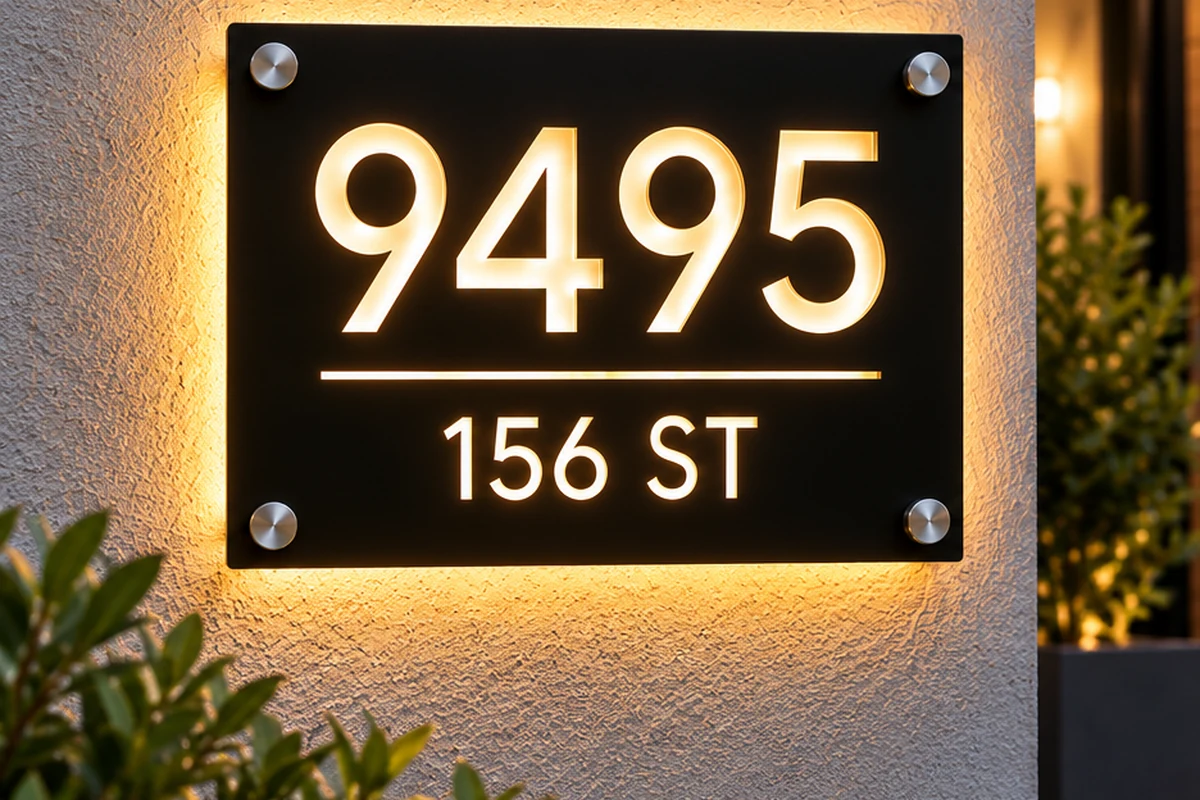 Front view of matte black cut-through illuminated address sign 9495 with 156 ST, warm backlighting and four stainless steel standoffs.
