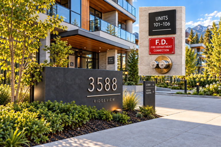 Complete building signage package with address monument sign, unit identification, fire department connection sign and directional wayfinding signs