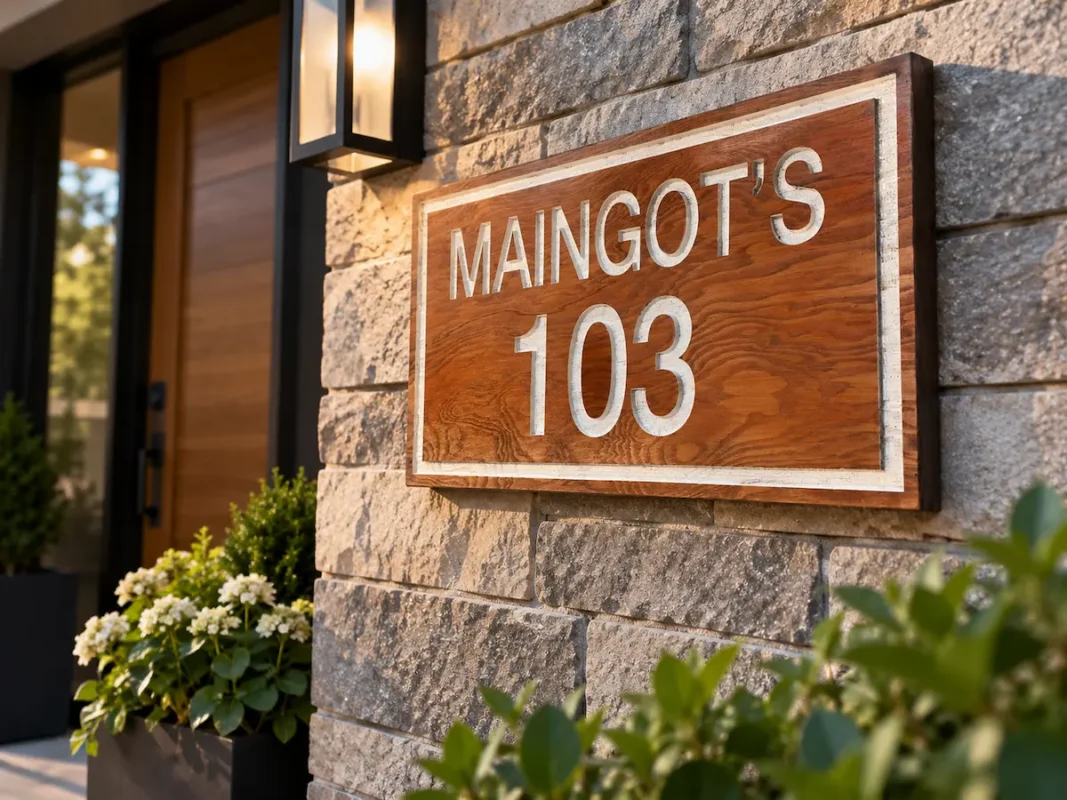 Wood-grain address sign reading MAINGOT’S 103 with white lettering and border, shown on a stone wall beside a front door and lantern.