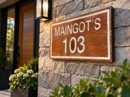 Wood-grain address sign reading MAINGOT’S 103 with white lettering and border, shown on a stone wall beside a front door and lantern.