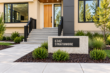 Black 6742 Strathmore address sign on a concrete wall outside a contemporary home with a wood entrance door