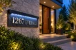 Natural slate address sign with raised silver-tone 1267 EVERALL lettering and overhead LED lighting beside a modern home entrance.