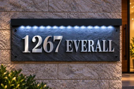 Front view of a natural slate address sign with raised 1267 EVERALL lettering, black corner fixings and LED lights beneath a black hood.