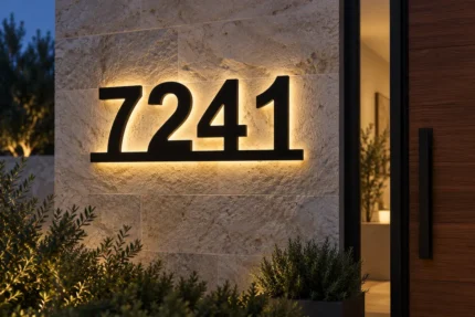 Black 7241 house numbers connected along a bottom bar with warm halo lighting on a stone entrance wall.