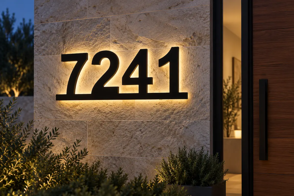 Illuminated Sign 17 - Attached Backlit House Numbers Black 7241 house numbers connected along a bottom bar with warm halo lighting on a stone entrance wall.