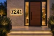 Warm backlit 7241 house number sign beside a wood front door with glass sidelights and landscaped entry steps.
