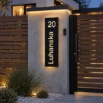 Black vertical aluminium address sign with illuminated 20 Luhanska lettering and warm edge lighting on a gate pillar.