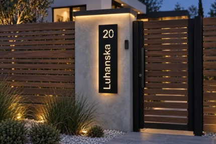 Black vertical aluminium address sign with illuminated 20 Luhanska lettering and warm edge lighting on a gate pillar.