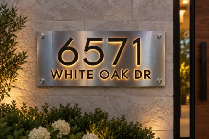Front view of a brushed stainless steel plaque with raised black 6571 WHITE OAK DR lettering and warm halo backlighting.