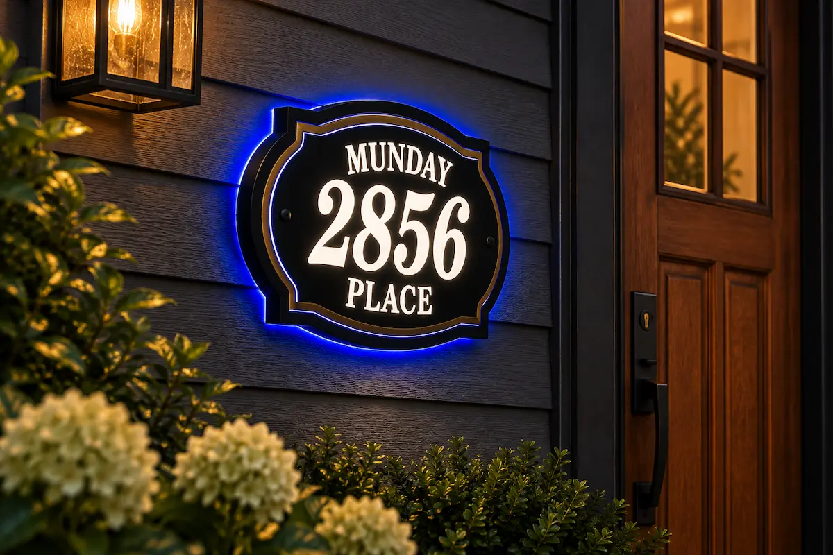 Layered Classic Illuminated Sign - Illuminated-sign-21b layered classic illuminated sign reading Munday 2856 Place, with white illuminated lettering, gold-tone trim and blue halo beside a wooden door.