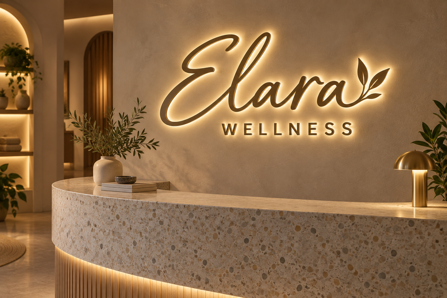 Original ELARA WELLNESS warm halo-lit reception sign concept
