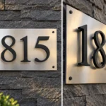 Brushed stainless steel address sign with raised black aluminum house numbers on stone wall