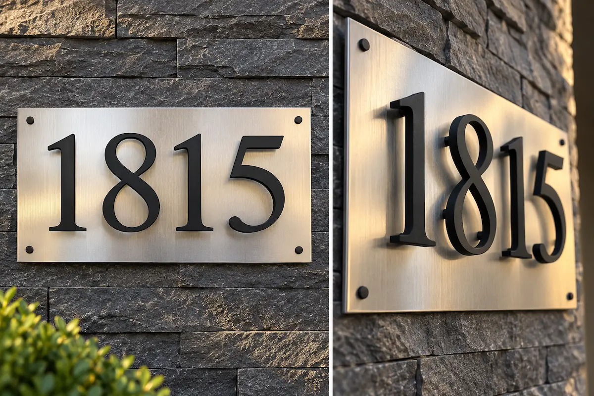 Brushed stainless steel address sign with raised black aluminum house numbers on stone wall