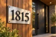 Stainless steel address sign with raised black aluminum house numbers mounted on wood siding