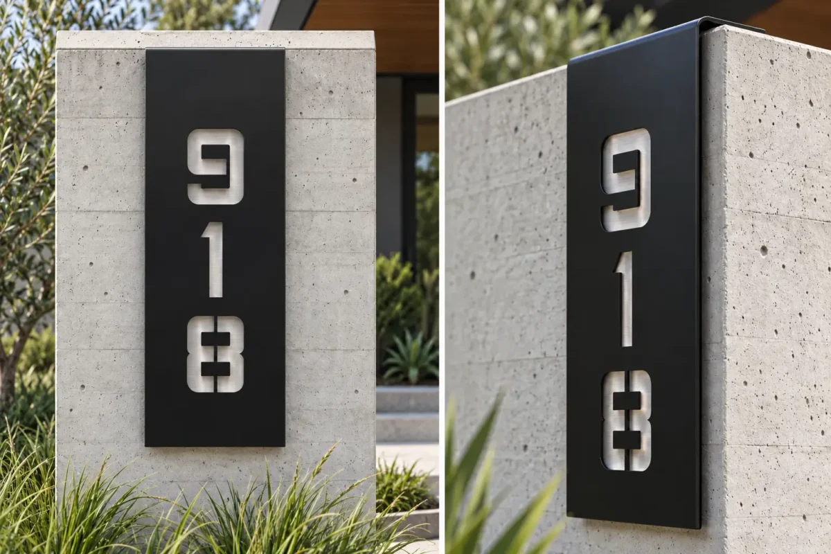 Vertical cut-out aluminum address sign 918 with brushed stainless backing, front and side views