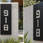 Vertical cut-out aluminum address sign 918 with brushed stainless backing, front and side views