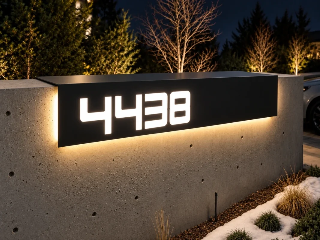 Matte black bent aluminium illuminated address sign displaying 4438, folded over the top edge of a concrete wall.