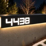 Matte black bent aluminium illuminated address sign displaying 4438, folded over the top edge of a concrete wall.