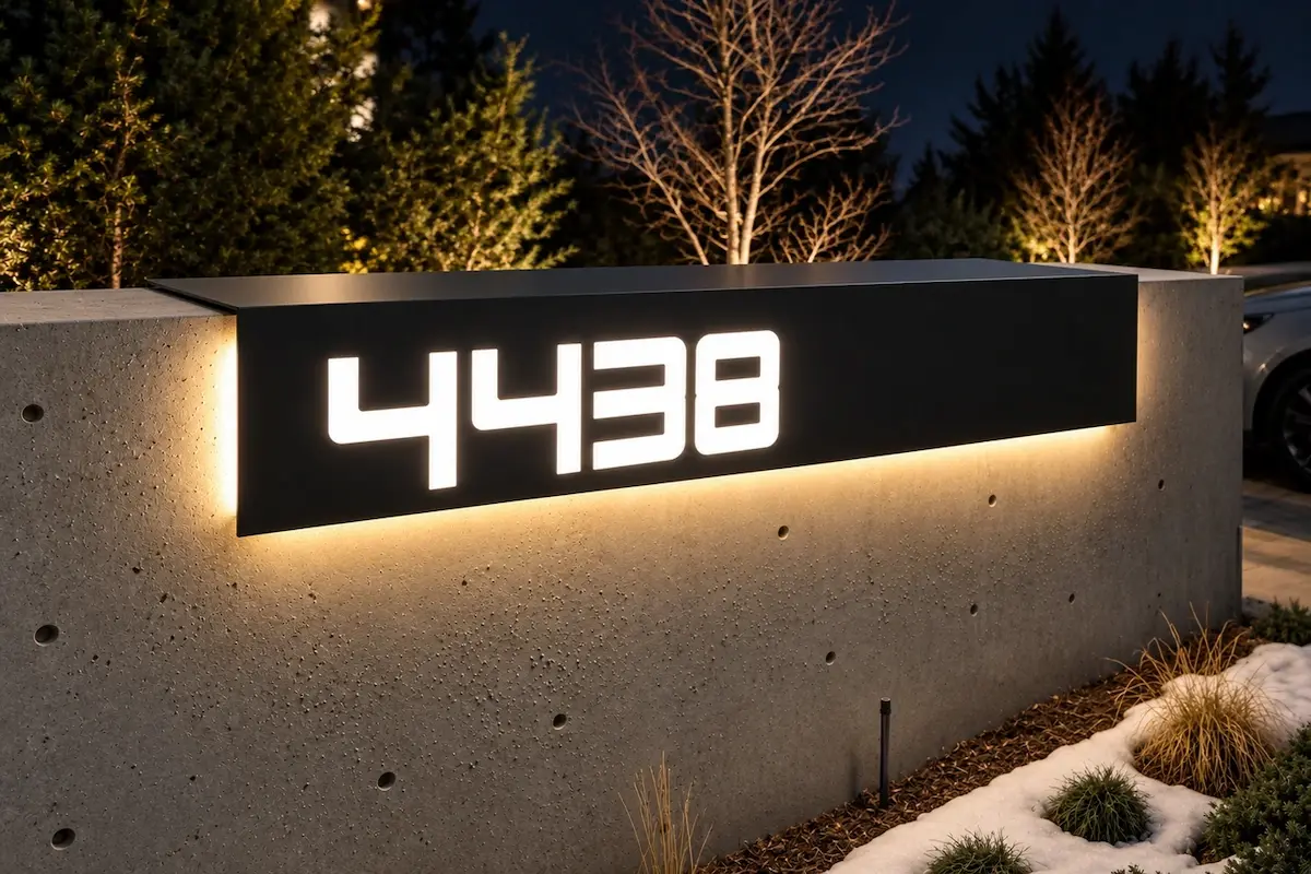 Matte black bent aluminium illuminated address sign displaying 4438, folded over the top edge of a concrete wall.